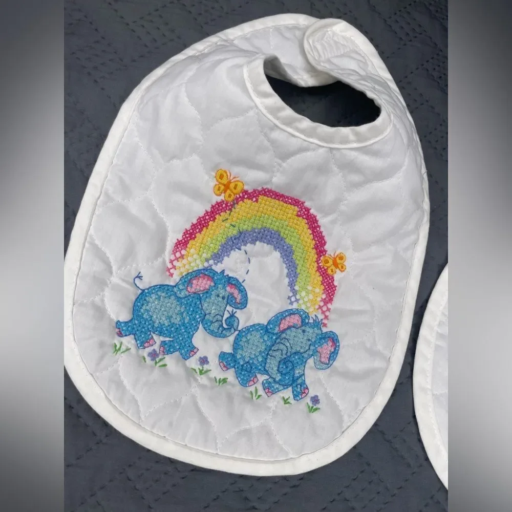 White Baby Bib Set with Embroidered Elephants and Giraffes